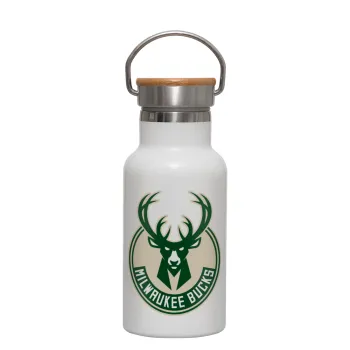 Milwaukee bucks, Μεταλλικό παγούρι θερμός (Stainless steel) Λευκό με ξύλινο καπακι (bamboo), διπλού τοιχώματος, 350ml