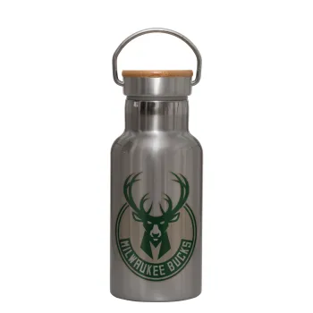 Milwaukee bucks, Stainless steel metallic thermos flask, silver with a bamboo lid, double-walled, 350ml.