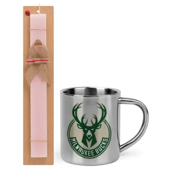 Milwaukee bucks, Easter Set, metallic thermal cup (300ml) & aromatic flat Easter candle (30cm) (PINK)