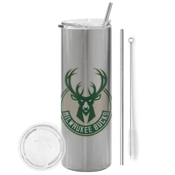 Milwaukee bucks, Tumbler ποτήρι θερμό Ασημένιο από ανοξείδωτο ατσάλι 600ml, με μεταλλικό καλαμάκι & βούρτσα καθαρισμού