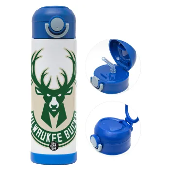 Milwaukee bucks, Παιδικό παγούρι θερμό, ανοξείδωτο, με καλαμάκι ασφαλείας, ΜΠΛΕ (500ml)