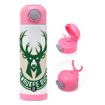 Milwaukee bucks, Children's hot water bottle, stainless steel, with safety straw, PINK (500ml)