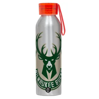 Milwaukee bucks, Αλουμινένιο Αθλητικό Μπουκάλι 650ml – Ασημί με Κόκκινο Καπάκι και Λουράκι Σιλικόνης