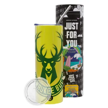 Milwaukee bucks, Neon Yellow Travel Tumbler θερμό, μεταλλικό καλαμάκι(Ανωξείδωτο 304 Food grade, BPA free, 600ml)