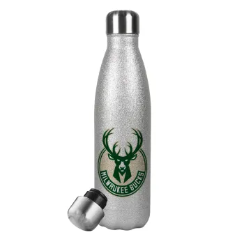 Milwaukee bucks, Μεταλλικό παγούρι θερμός Glitter Aσημένιο (Stainless steel), διπλού τοιχώματος, 500ml