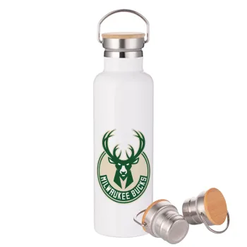 Milwaukee bucks, Stainless steel White with wooden lid (bamboo), double wall, 750ml