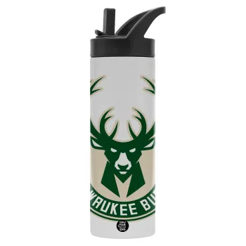 Milwaukee bucks, Μεταλλικό παγούρι θερμός με καλαμάκι & χειρολαβή, ανοξείδωτο ατσάλι (Stainless steel 304), διπλού τοιχώματος, 600ml