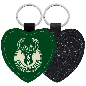 Milwaukee bucks, Μπρελόκ PU δερμάτινο glitter καρδιά ΜΑΥΡΟ