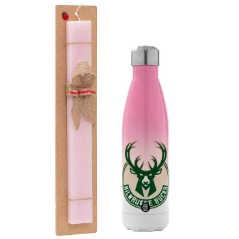 Milwaukee bucks, Easter Set, Metallic pink/white (Stainless steel) thermos, double-walled, 500ml & aromatic flat Easter candle (30cm) (PINK)