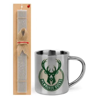 Milwaukee bucks, Easter Set, metallic thermal cup (300ml) & Easter aromatic flat candle (30cm) (GRAY)