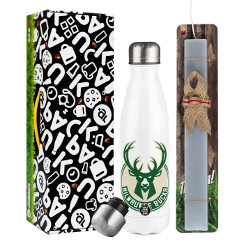 Milwaukee bucks, Easter candle, metallic white thermos bottle (500ml) & aromatic flat candle (30cm) (GRAY)