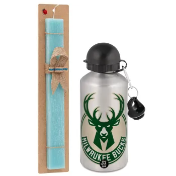 Milwaukee bucks, Easter Set, metallic silver aluminum water bottle (500ml) & scented flat Easter candle (30cm) (TURQUOISE)