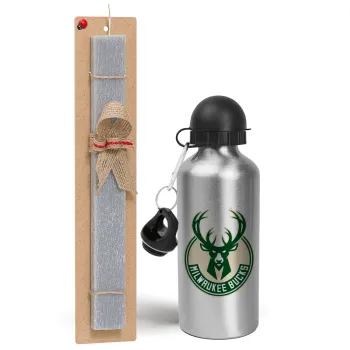 Milwaukee bucks, Easter Set, metallic silver aluminum water bottle (500ml) & aromatic flat Easter candle (30cm) (GRAY)