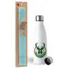 Easter Set, metallic stainless steel water bottle (750ml) & aromatic flat Easter candle (30cm) (TURQUOISE)