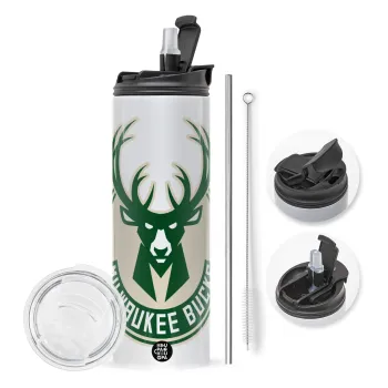 Milwaukee bucks, Travel Tumbler θερμό με διπλό καπάκι, μεταλλικό καλαμάκι και βούρτσα καθαρισμού (Ανωξείδωτο 304 Food grade, BPA free, 600ml)