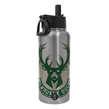 Milwaukee bucks, Μεταλλικό παγούρι θερμός Silver με καλαμάκι και χερούλι (Stainless steel), διπλού τοιχώματος, 950ml