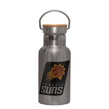 Phoenix Suns, Stainless steel metallic thermos flask, silver with a bamboo lid, double-walled, 350ml.