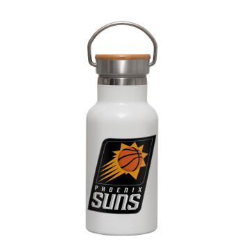 Phoenix Suns, Μεταλλικό παγούρι θερμός (Stainless steel) Λευκό με ξύλινο καπακι (bamboo), διπλού τοιχώματος, 350ml
