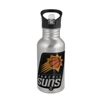 Phoenix Suns, Water bottle Silver with straw, stainless steel 500ml