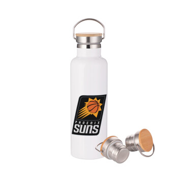 Phoenix Suns, Μεταλλικό παγούρι θερμός (Stainless steel) Λευκό με ξύλινο καπακι (bamboo), διπλού τοιχώματος, 750ml