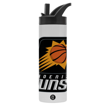 Phoenix Suns, Μεταλλικό παγούρι θερμός με καλαμάκι & χειρολαβή, ανοξείδωτο ατσάλι (Stainless steel 304), διπλού τοιχώματος, 600ml