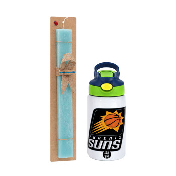 Phoenix Suns, Easter Set, Children's thermal stainless steel bottle with safety straw, green/blue (350ml) & aromatic flat Easter candle (30cm) (TURQUOISE)