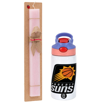 Phoenix Suns, Πασχαλινό Σετ, Παιδικό παγούρι θερμό, ανοξείδωτο, με καλαμάκι ασφαλείας, ροζ/μωβ (350ml) & πασχαλινή λαμπάδα αρωματική πλακέ (30cm) (ΡΟΖ)