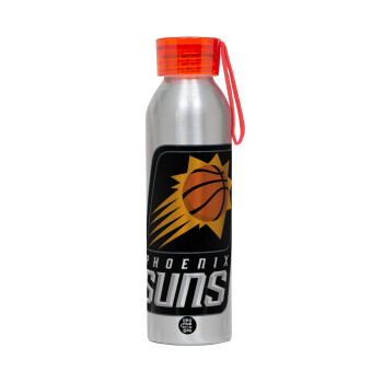 Phoenix Suns, Αλουμινένιο Αθλητικό Μπουκάλι 650ml – Ασημί με Κόκκινο Καπάκι και Λουράκι Σιλικόνης