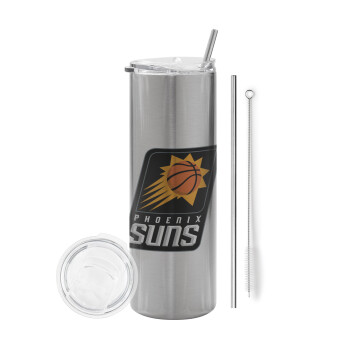 Phoenix Suns, Eco friendly ποτήρι θερμό Ασημένιο (tumbler) από ανοξείδωτο ατσάλι 600ml, με μεταλλικό καλαμάκι & βούρτσα καθαρισμού
