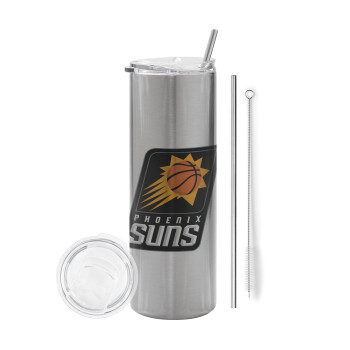 Phoenix Suns, Tumbler stainless steel Silver 600ml, with metal straw & cleaning brush