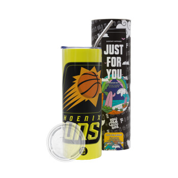 Phoenix Suns, Neon Yellow Travel Tumbler θερμό, μεταλλικό καλαμάκι(Ανωξείδωτο 304 Food grade, BPA free, 600ml)