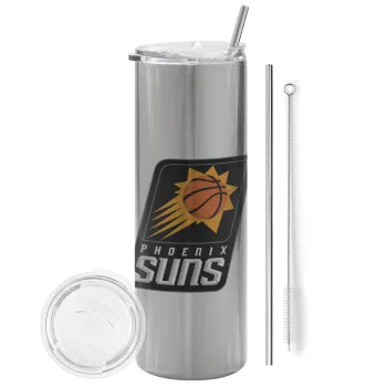 Phoenix Suns, Tumbler ποτήρι θερμό Ασημένιο από ανοξείδωτο ατσάλι 600ml, με μεταλλικό καλαμάκι & βούρτσα καθαρισμού