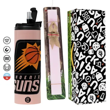 Phoenix Suns, Πασχαλινή Λαμπάδα με  ΡΟΖ Travel Tumbler θερμό (600ml, BPA free) & κερί αρωματικό πλακέ (30cm) (ΡΟΖ)