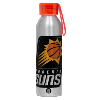 Phoenix Suns, Αλουμινένιο Αθλητικό Μπουκάλι 650ml – Ασημί με Κόκκινο Καπάκι και Λουράκι Σιλικόνης