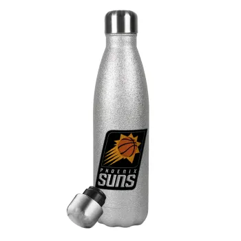 Phoenix Suns, Μεταλλικό παγούρι θερμός Glitter Aσημένιο (Stainless steel), διπλού τοιχώματος, 500ml