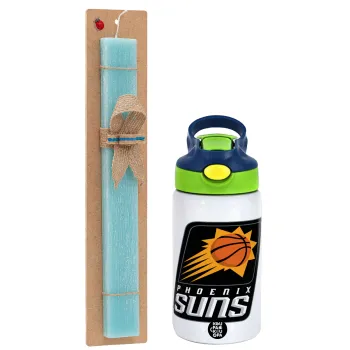 Phoenix Suns, Easter Set, Children's thermal stainless steel bottle with safety straw, green/blue (350ml) & aromatic flat Easter candle (30cm) (TURQUOISE)