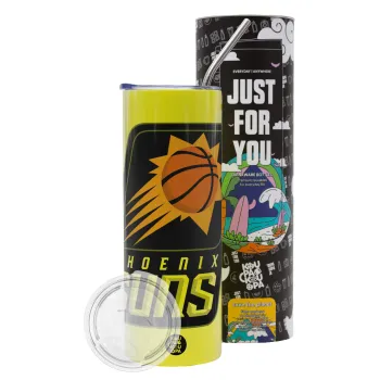 Phoenix Suns, Neon Yellow Travel Tumbler θερμό, μεταλλικό καλαμάκι(Ανωξείδωτο 304 Food grade, BPA free, 600ml)