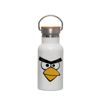 Angry birds eyes, Μεταλλικό παγούρι θερμός (Stainless steel) Λευκό με ξύλινο καπακι (bamboo), διπλού τοιχώματος, 350ml