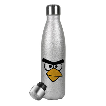 Angry birds eyes, Μεταλλικό παγούρι θερμός Glitter Aσημένιο (Stainless steel), διπλού τοιχώματος, 500ml