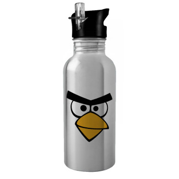 Angry birds eyes, Water bottle Silver with straw, stainless steel 600ml