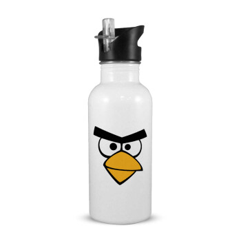 Angry birds eyes, White water bottle with straw, stainless steel 600ml