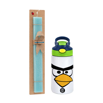 Angry birds eyes, Easter Set, Children's thermal stainless steel bottle with safety straw, green/blue (350ml) & aromatic flat Easter candle (30cm) (TURQUOISE)