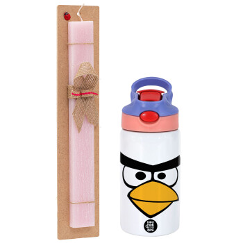 Angry birds eyes, Easter Set, Children's thermal stainless steel water bottle with safety straw, pink/purple (350ml) & Easter scented flat candle (30cm) (PINK)