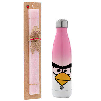 Angry birds eyes, Easter Set, Metallic pink/white (Stainless steel) thermos, double-walled, 500ml & aromatic flat Easter candle (30cm) (PINK)