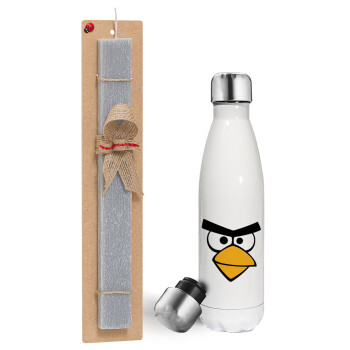 Angry birds eyes, Πασχαλινή λαμπάδα, μεταλλικό παγούρι θερμός λευκός (500ml) & λαμπάδα αρωματική πλακέ (30cm) (ΓΚΡΙ)