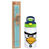 Easter Set, Children's thermal stainless steel bottle with safety straw, green/blue (350ml) & aromatic flat Easter candle (30cm) (TURQUOISE)