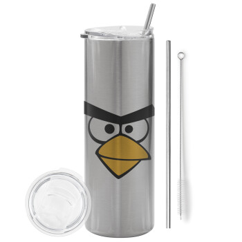 Angry birds eyes, Eco friendly ποτήρι θερμό Ασημένιο (tumbler) από ανοξείδωτο ατσάλι 600ml, με μεταλλικό καλαμάκι & βούρτσα καθαρισμού