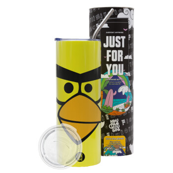Angry birds eyes, Neon Yellow Travel Tumbler θερμό, μεταλλικό καλαμάκι(Ανωξείδωτο 304 Food grade, BPA free, 600ml)