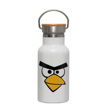 Angry birds eyes, Μεταλλικό παγούρι θερμός (Stainless steel) Λευκό με ξύλινο καπακι (bamboo), διπλού τοιχώματος, 350ml