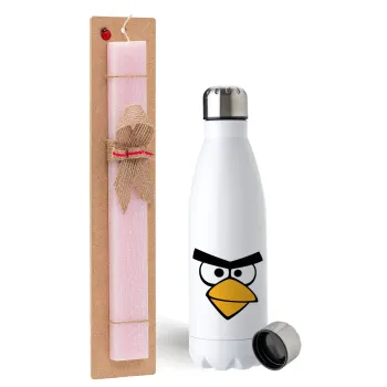 Angry birds eyes, Easter Set, metallic stainless steel water bottle (750ml) & scented flat Easter candle (30cm) (PINK)